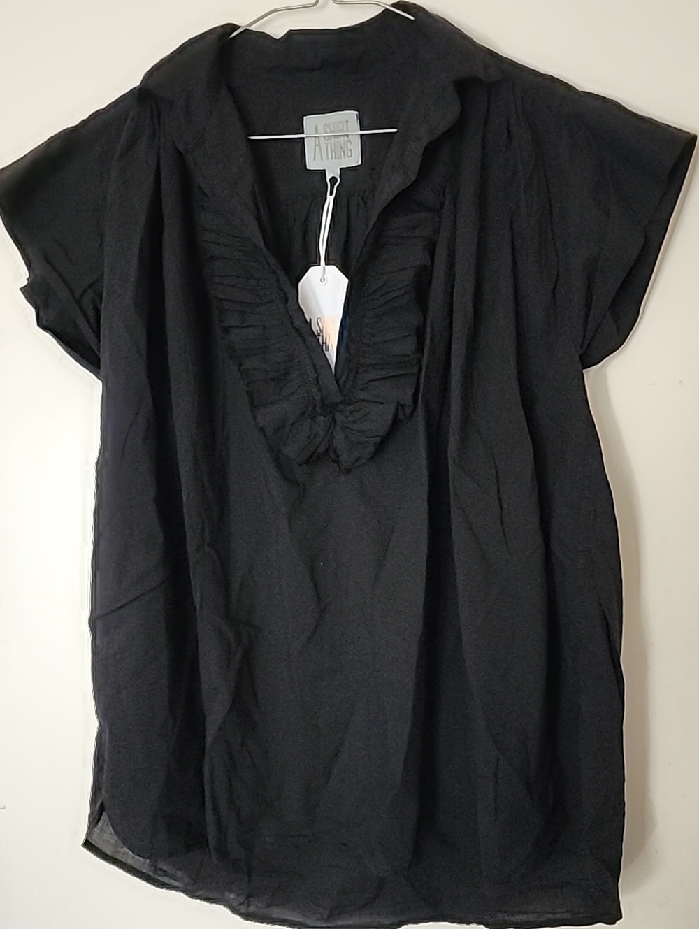 A Shirt Thing NWT Logan Cabo Top Black Ruffle V-Neck Cotton Blouse Size Small
